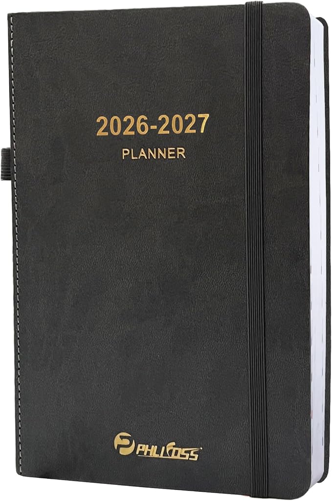 Daily Planner 2026-2027, One Page Per Day, Academic Calendar (July 2026 - June 2027), Appointment Book with Time Slots and Monthly Tabs, 5.7" x 8.25", Pocket, Leather Cove (Dark Grey Blue)