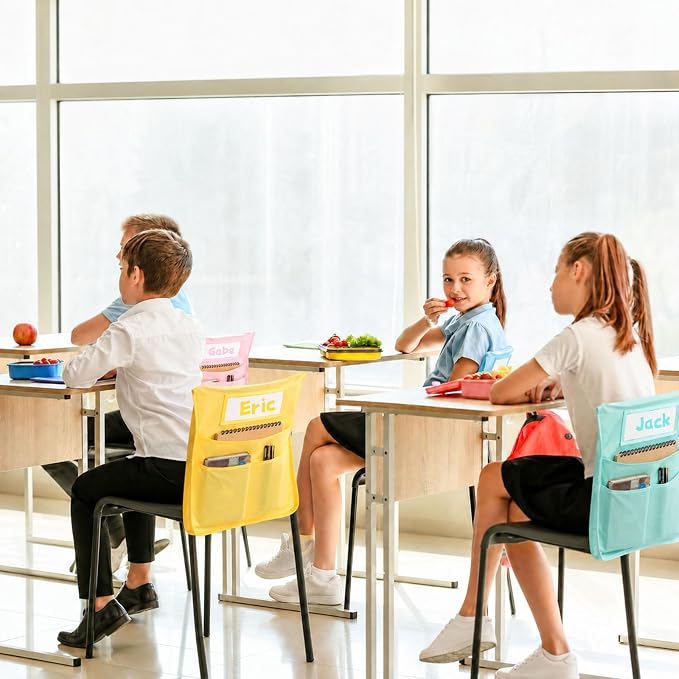 4pcs for Classroom 16.3x19.7inch Classroom Chair Pockets with Name Tag 3 Pockets Chair Organizer for Teacher Student School Office(Pink Purple)