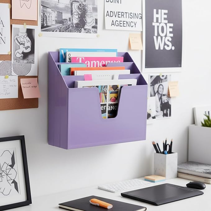 Acrimet Horizontal Triple File Folder Holder Organizer, Open Top Desktop Document Sorter for Letter Size Papers & Folders, Plastic (Solid Purple)