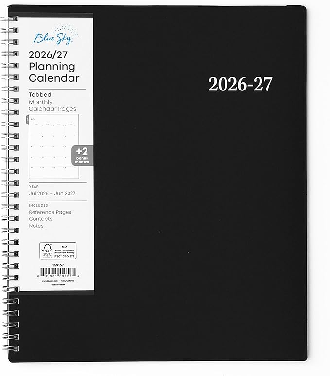 Blue Sky 2026-2027 Monthly Academic Year Planner Calendar, July 2026 - June 2027, 8" x 10", Monthly Layout, Flexible Cover, Wirebound, Laminated Tabs, Enterprise