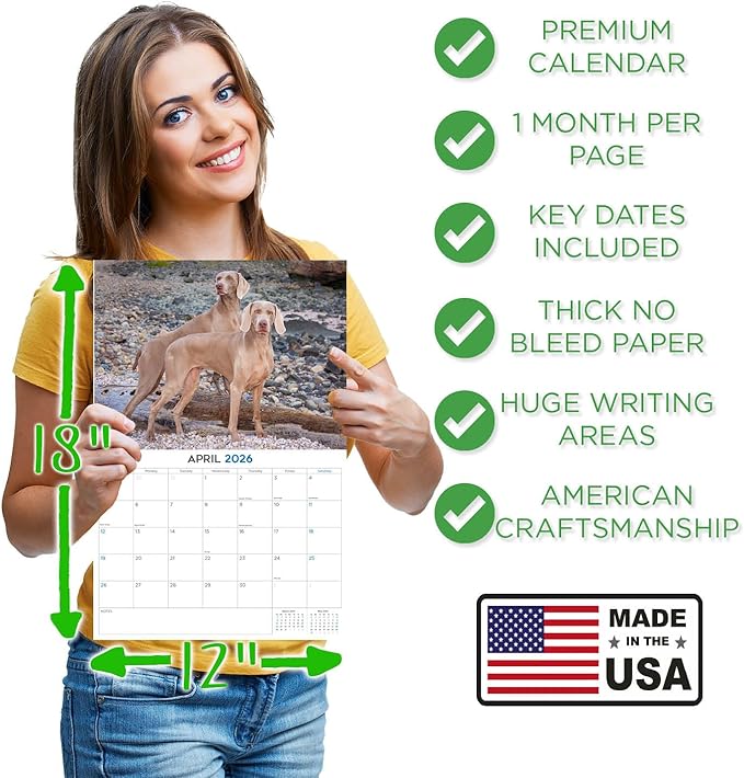 2025 2026 Weimaraner Calendar - Dog Breed Monthly Wall Calendar - 12" x 18" Open - Thick No-Bleed Paper - Giftable - Academic Teacher's Planner Calendar Organizing & Planning - Made in USA