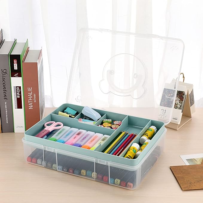 BTSKY 2-Tier Cute Bear Storage Box with Removable Divided Tray Portable Clear Plastic Art Craft Supply Organizer Stackable Home Office Supplies Storage Container for Pens Notes A4 papers etc (Blue)