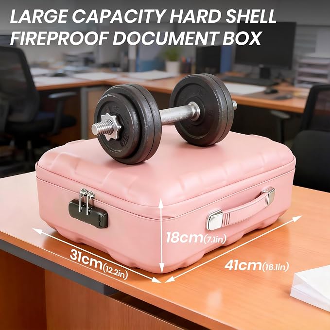 Fireproof Document Box, Hard Case Fireproof File Organizer Box with Lock and 13 Pocket Accordion File Folder, Portable Safe Box for Office Storage Important Documents (Pink)