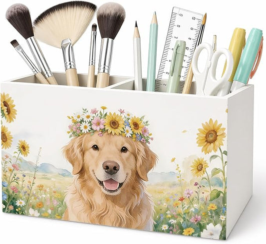 Golden Retriever Dog Floral Pen Pencil Holder for Desk, Golden Retriever Gifts for Women, Dog Mom Lover Gifts Pencil Holders Wooden Box Organizer for Home Office Bedroom Desk Tabletop