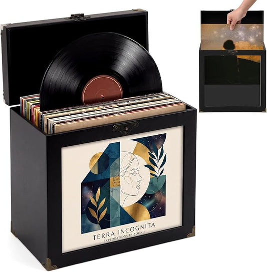 Amyhill Vinyl Record Storage Box with Display Window, Holds 30-35 Single Records 7/10/12 Inch Albums, PU Leather Record Case with Lid & Handle, Water-resistant Lp Storage for Records(Black,Wood)