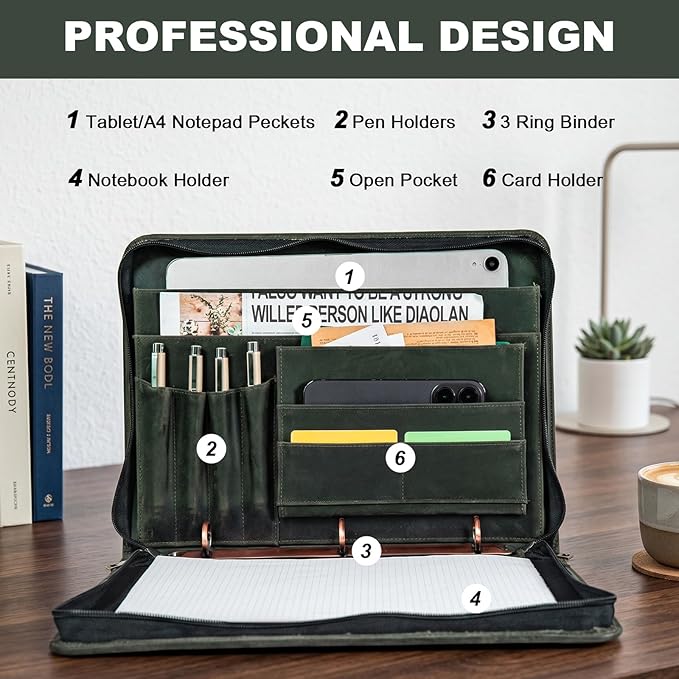 AZXCG Genuine Leather Portfolio Binder for Men& Women,Padfolio Organizer with Zipper,Padfolio Folder for iPad Pro 12.9/ Letter Size Notepad,Business Executive Gift for Men, for Valentine's Day