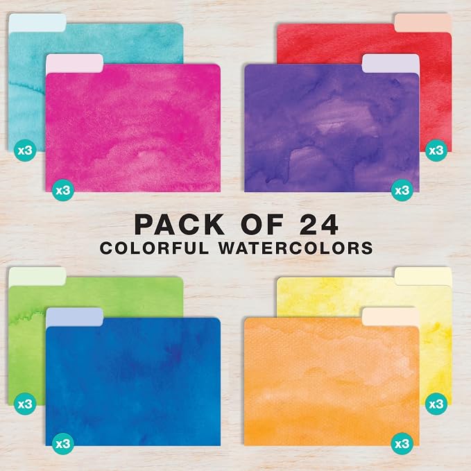 Global Printed Products Deluxe Designer Printed File Folders, 1/3 Cut Tab, Assorted Positions, Letter Size, 24/pk (Watercolor Solid)