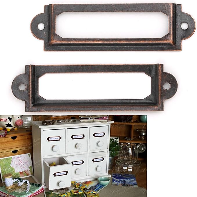 20PCS Metal Drawer Label Holders, Retro Exquisite File Cabinet Label Frames Card Tag Label Holder with Screws for Office Drawers Shelves (Reddish Bronze Color)