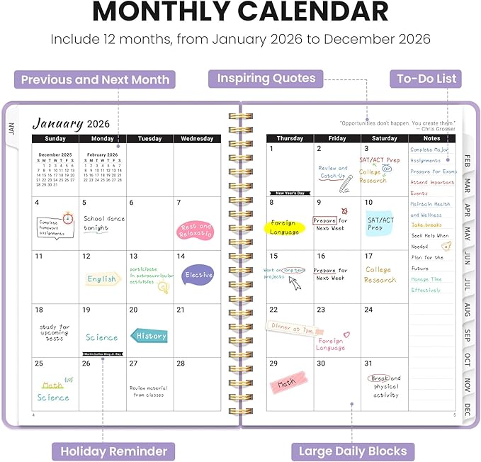2026 Planner - Weekly and Monthly Planner, January 2026 to December 2026, Spiral Bound 2026 Calendar Planner Book, Inner Pocket, Perfect for Office Home School Supplies - A4 (8.5" x 11"), Lilac Purple