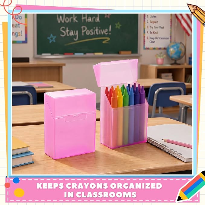 Clabby 24 Pcs Plastic Crayon Organizer Case for 24 Count Crayons Kids Art Supply Storage Box with Lid, Portable Holder for Classroom Home Travel, Fits Standard 24-Pack Crayon (Pink)
