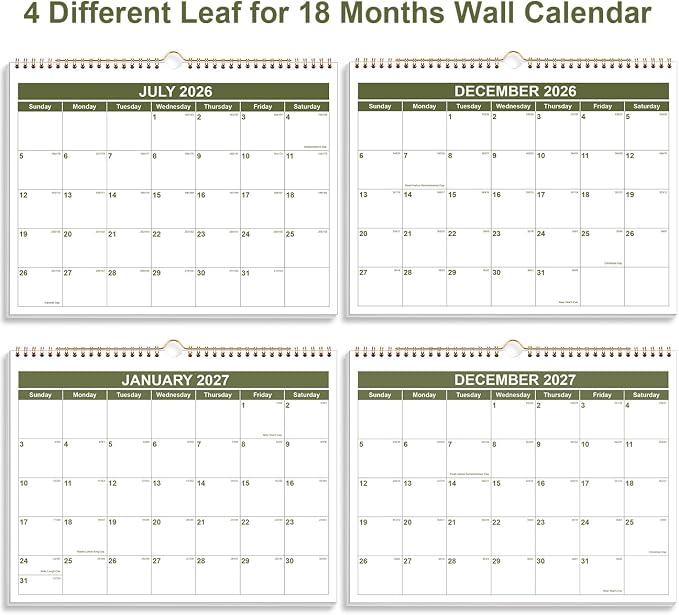 Calendar 2026-2027 - Wall Calendar 2026-2027 from July 2026 - December 2027, Spiral Binding Hanging Wall Calendar 2026 for Home/Office, 8.5" x 11", Green