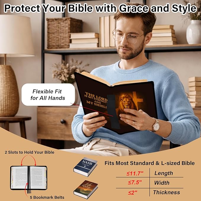 2-in-1 Lion Bible Bag for Men with Removable Bible Cover, Bible Cover with Journaling Kit & Shoulder Strap, Highlighters and Cross Clips for Bible Study & Church, Christian Gift for Men