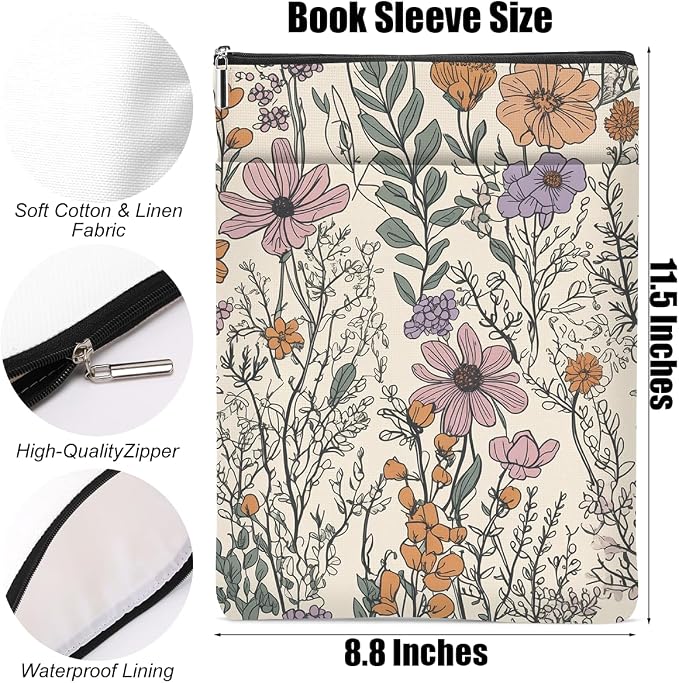 4PCS Waterproof Book Sleeve Book Pouch Protector with Zipper and Front Pocket Books Cover for Women Girl Books Lover Reader Librarian Reading Accessories Bookish Gifts, Cute Wildflower Pattern Decor