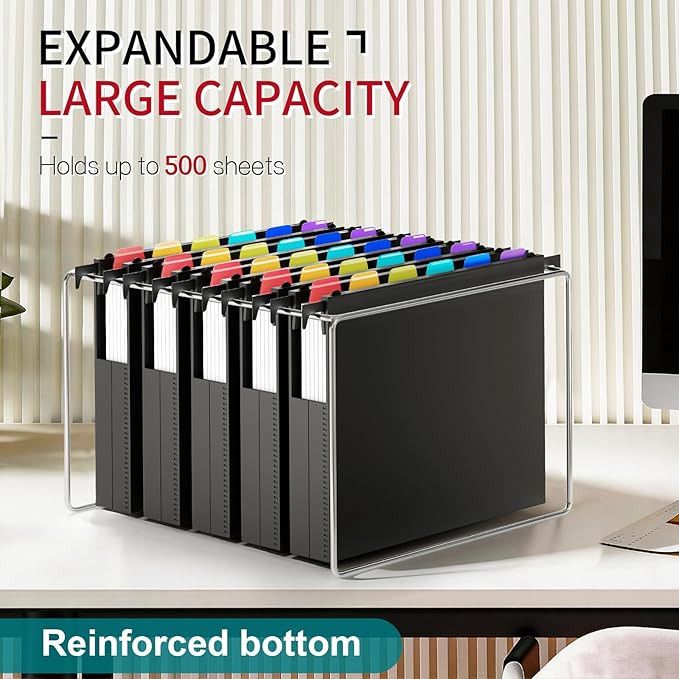 Uquelic Plastic Hanging File Folders Letter Size, 12 Pack Reinforced Heavy Duty Hang Folder with Movable Bright Dividers, Adjustable Tabs, 2" File Organizer for Filing Cabinet, School, Office