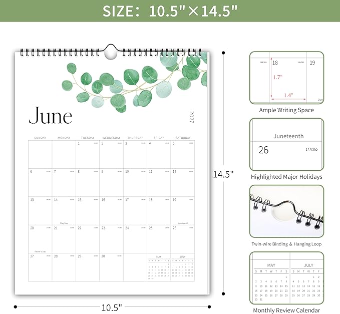 Aesthetic 2026-2027 Wall Calendar - 18 Monthly Calendar from January 2026 to June 2027, 14.5" x 10.5", Modern Vertical Wall Hanging Calendar for Organizing & Planning, Leaves