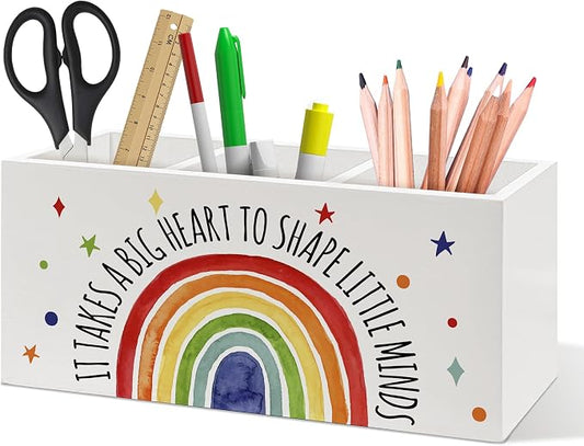 Boho Rainbow Teacher Pen Holder, Teacher Appreciation Gifts Office Pen Pencil Holder Organizer for Desk Accessories, Boho Rainbow Wooden Box Desk Decor for Office Classroom Desk Decorations