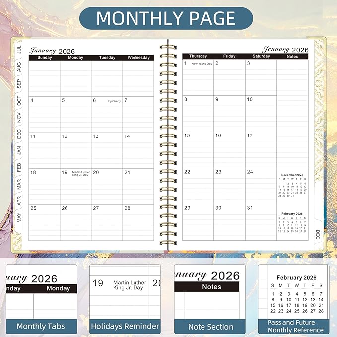 2026 Planner, Jan.2026 - Dec.2026 Weekly Monthly Planner 6.25"x8.5" with Page Tabs, Calendar Hardcover with Inner Pocket, Elastic Band, Twin-Wire Binding, Bookmark, Blue Gold Marble