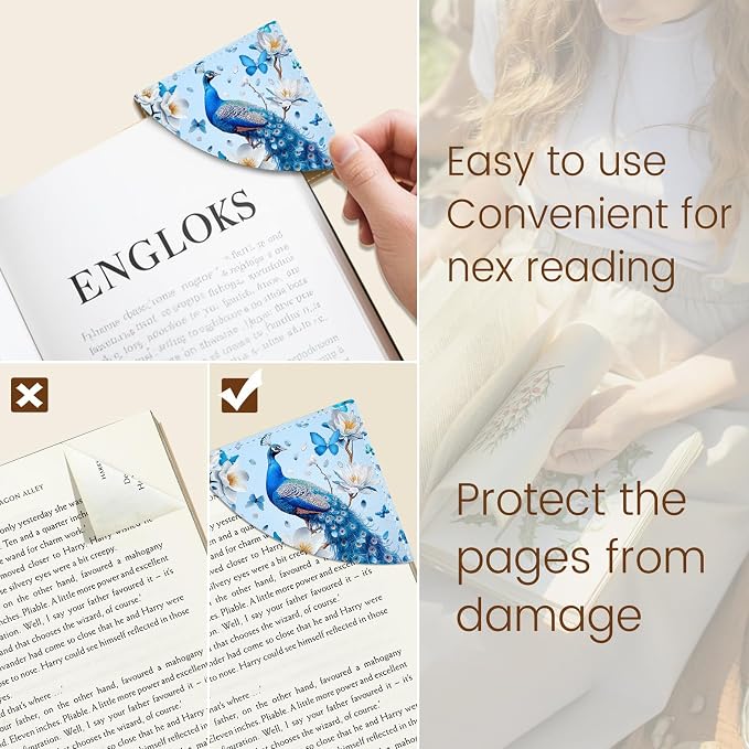 Icycay Peacock Corner Bookmarks, Cute Leather Book Accessories for Book Lovers, 3 Pcs Reading Book Page Markers for Women Men Student Teacher Girls Boys Kids Retirement Birthday Gifts