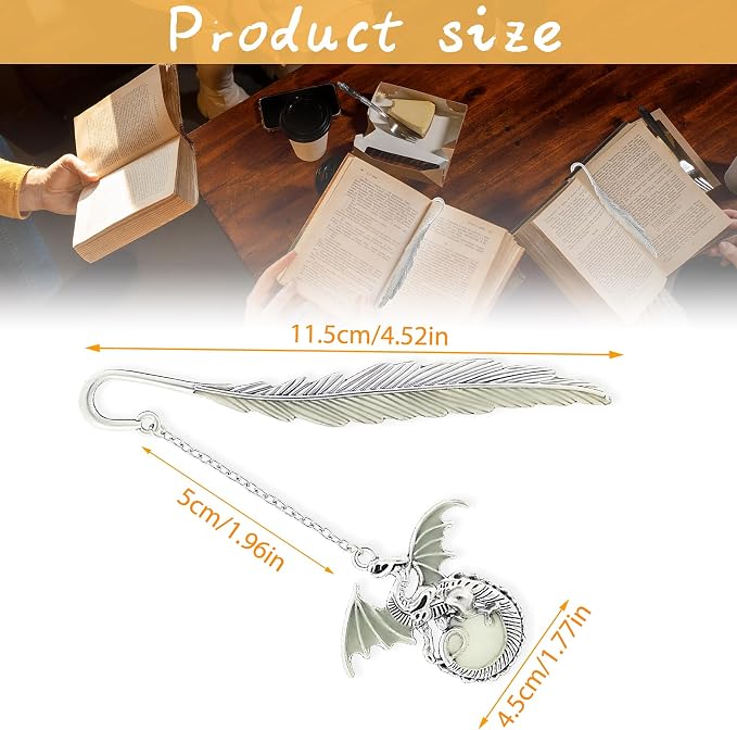 Jeffdad Feather Dragon Bookmark - Glow in The Dark Fantasy Bookmark Gifts for Women & Men (Silver Dragon)