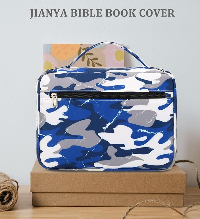 JIANYA Bible Cover for Boys Kids Bible Case Book Carrying Case Childrens Bible Protective Bag with Handle and Zippered Pocket, Camo Blue