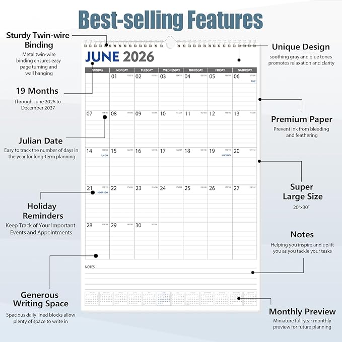GuassLee Extra Large Wall Calendar 2026-2027, 20"x 30" Gaint Vertical Wall Calendar 2026, Jun. 2026 to Dec. 2027, 19-Month Paper Hanging Planner Wall with Julian Date for Office Home Planning & Organizing