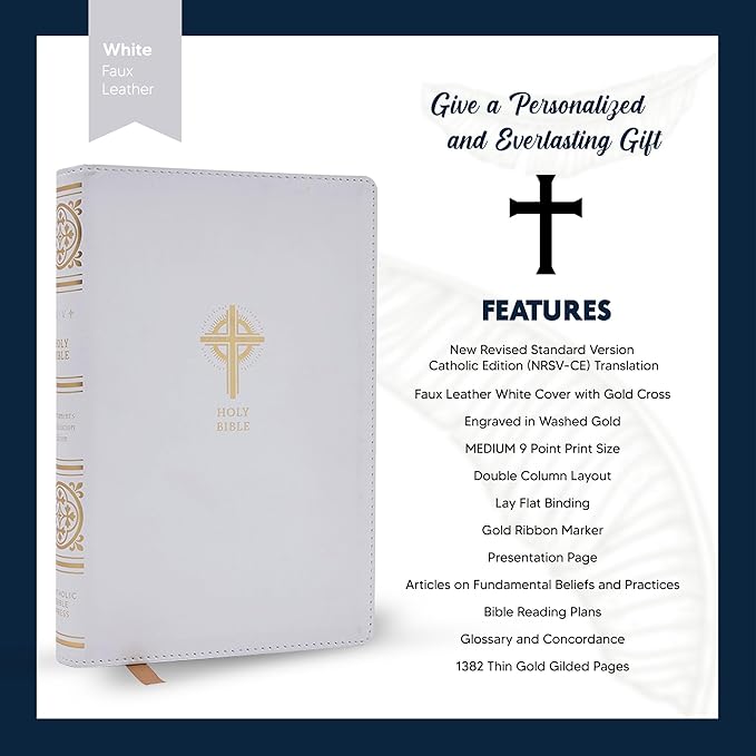 Custom NRSV Catholic Edition Faux Leather Holy Bible with Sacraments of Initiation | Medium Text | Engraved in Washed Gold | Personalized Catholic Bible in White