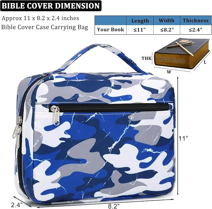 JIANYA Bible Cover for Boys Kids Bible Case Book Carrying Case Childrens Bible Protective Bag with Handle and Zippered Pocket, Camo Blue