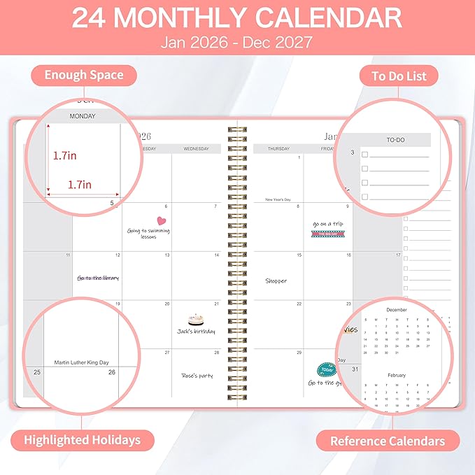 2026-2027 Monthly Planner - 2 Year Monthly Planner 2026-2027, Jan 2026 - Dec 2027, 7" x 9", 2 Year Calendar with 24 Month, Twin-wire Binding, Note Pages, Pink