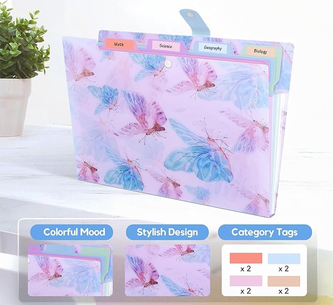 Folder Organizer Expanding File Folder Patternted - Accordion Document Organizer with 5 Pockets and Labels, Waterproof A4/Letter Size for School Office Home (Playful Butterflies)