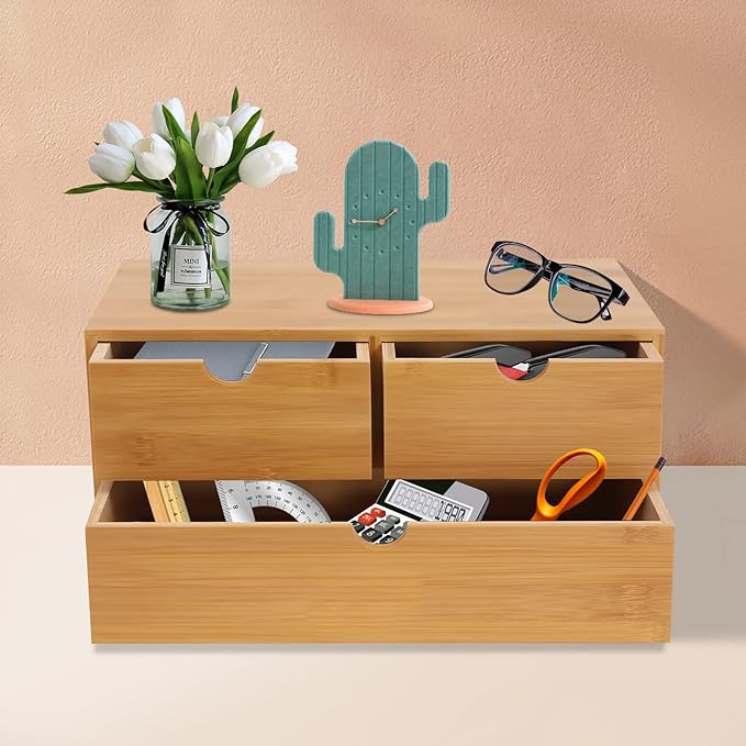 Bamboo Desk Organizer With 3 Drawers, 3 Drawers Counter Storage Countertop Drawers Box,Modern Tabletop Organizer No Assembly Required For Office Supplies, Home, Makeup And Toiletries