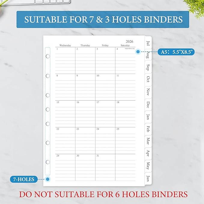 2026-2027 Monthly Planner Refill, A5 Medium Size Planner Inserts for 7 Ring, 5.5" x 8.5", Jul. 2026 - Dec. 2027, 18 Monthly Calendars with Laminated Tabs, 7-Hole Punched