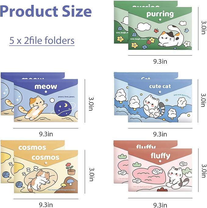 Cute Cat File Folders, 10 PCS Plastic Folders for Document, A4 Size Plastic Envelopes with Snap Closure, File Folders Document Folders File Bags Name Tags Sticker Cat Bookmark for School Office