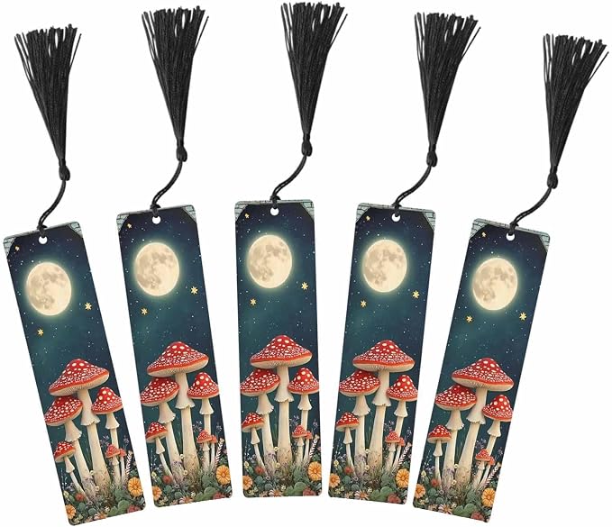 Mushroom Bookmarks 5 Pcs Moon Night Star Flower Wooden Bookmark with Tassels for Reading Book Lovers Gift Office School Readers Teacher