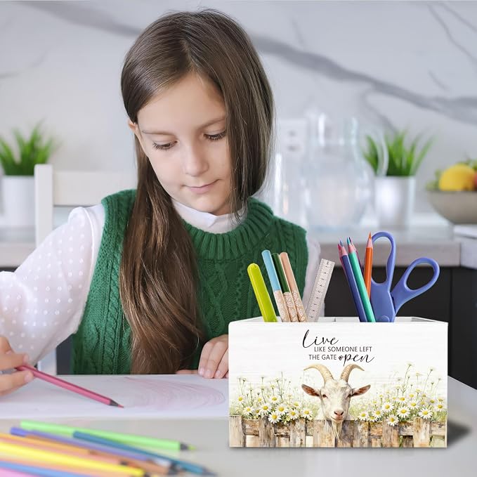 Rustic Daisy Floral Goat Pen Holder for Desk, Gifts for Goat Lovers Pencil Organizer, Live Like Someone Left the Gate Open Wooden Box Sign Desk Decor for Home Office Decoration