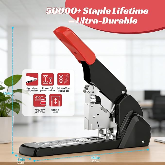 AFMAT Heavy Duty Stapler, 210 Sheet Staplers for Desk with 7000 Staples, Jam-Free, 50000+ Uses, 60% Reduced Effort, Easy Reload, Adjustable Paper Guide, Large Metal Manual Office Staplers, ES15