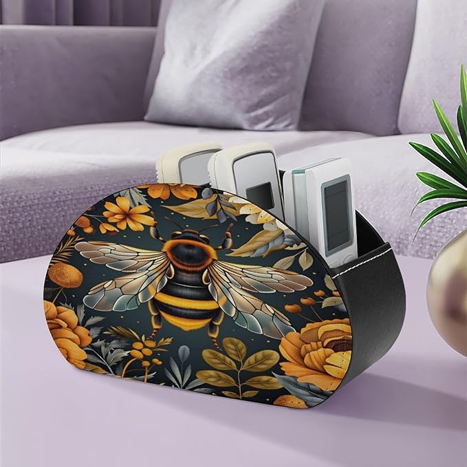 Bee Floral Remote Control Holder with 5 Compartment PU Leather Multi Functional Desk Storage for TV Remotes Office Supplies