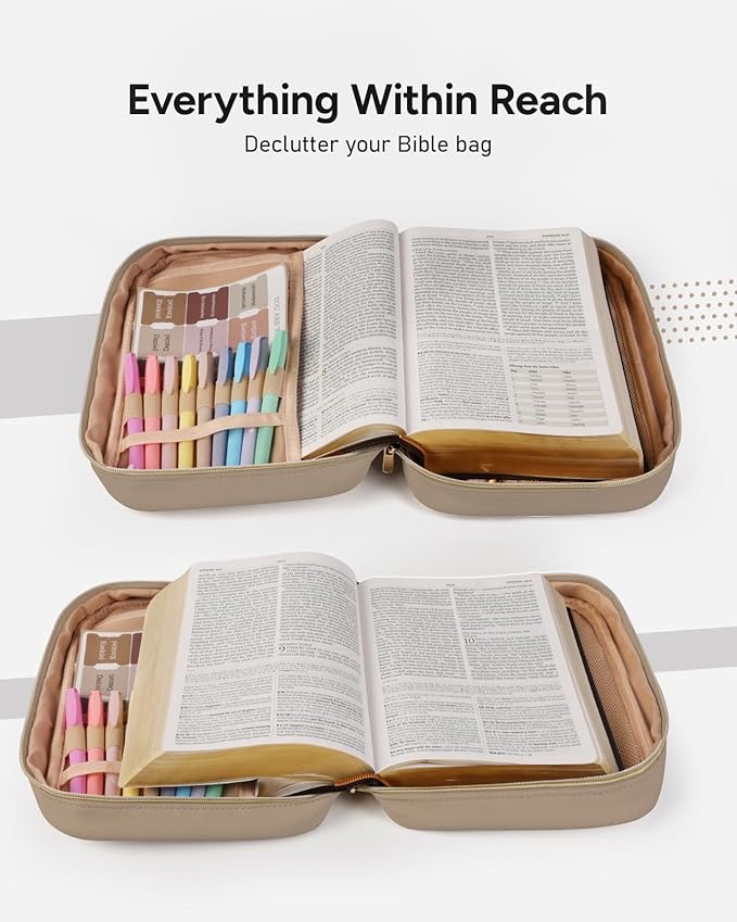 BellaHold Quilted Vegan Leather Bible Cover, Color-Blocked Bible Cover Case for Women, Bible Carrying Case with Handle, Bible Study Supplies & Christian Gift for Women and Girls (Desert Taupe, M/L)