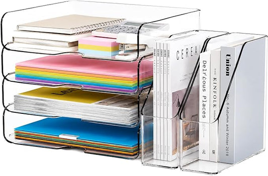 DCA Clear Acrylic Desk Organizer Set, 4 Tier Letter Tray with 2 Magazine File Holders, Clear Paper Organizer for Office, Home, School, Desktop File Storage for Documents, Books & Supplies
