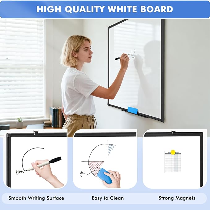 Double-Sided White Board Black Aluminium Frame, 24" x 18" Dry Erase Board Magnetic Whiteboard for Wall, Hanging Mounted Whiteboard Home, School, Office, Kitchen