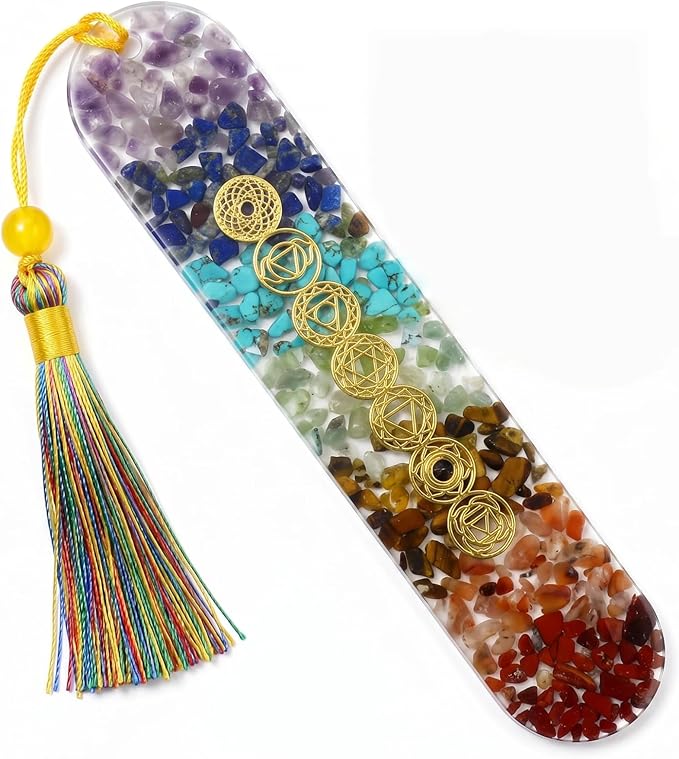 Fantasy Vintage Bookmark Gifts - 7 Chakra Stones Healing Crystals Resin Bookmarks for Women Men Book Lovers Beaded Tassels Page Marks Reading Accessories Bookish Birthday Graduation Gift