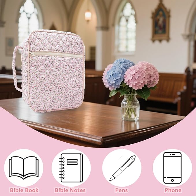 Bible Cover Case For Women,Large Bible Bag with Study Supplies,Quilted Bible Carrying Case for Girls,Portable Bible Case with Highlighter, Pens,Tabs,Bible Study Gifts for Women