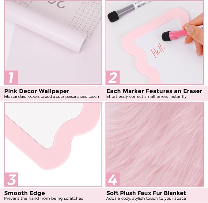 SKYDUE Locker Accessories Kit for Girls - Includes Rug, Wallpaper, Magnetic Mirror, Whiteboard, Pen Holder, Magnets, Stickers and Hooks, Pink Locker Decor & Organizer Set, Set 14 Piece