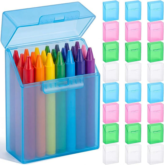 Clabby 24 Pcs Plastic Crayon Organizer Case for 24 Count Crayons Kids Art Supply Storage Box with Lid, Portable Holder for Classroom Home Travel, Fits Standard 24-Pack Crayon (Pink,Blue,Green,Clear)