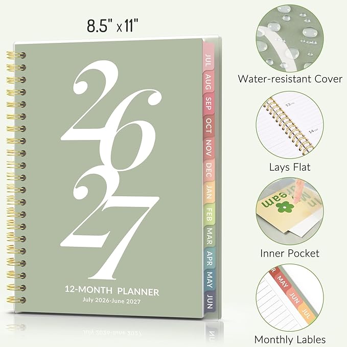 Forvencer Planner 2026-2027, July 2026 - June 2027, 8.5" x 11" Academic Year Monthly and Weekly Calendar Planner with Spiral Bound, Month Tabs, Flexible Cover for School Office (A4, Purple)