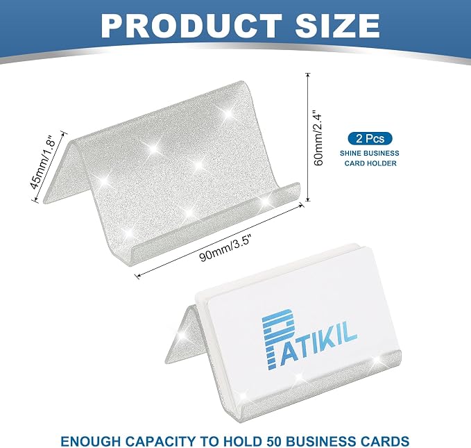 PATIKIL Business Card Holder for Desk, 2Pcs Acrylic Business Card Holders Shine Card Stand Organizer Cards Display for Office Exhibition, Silver Tone