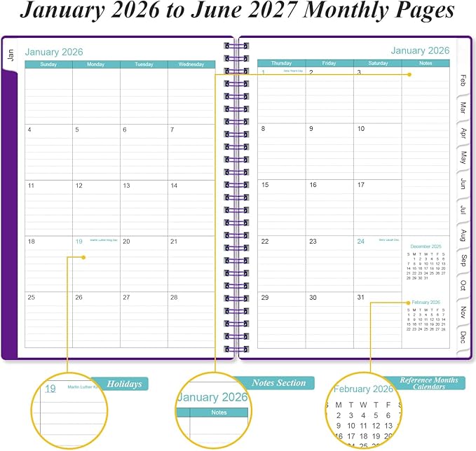 2026-2027 Monthly Planner - January 2026 - June 2027, Two Pages Per Month, 18 Monthly Calendar/Planner with Tabs, Inner Pocket, 6.4" x 8.5", Purple