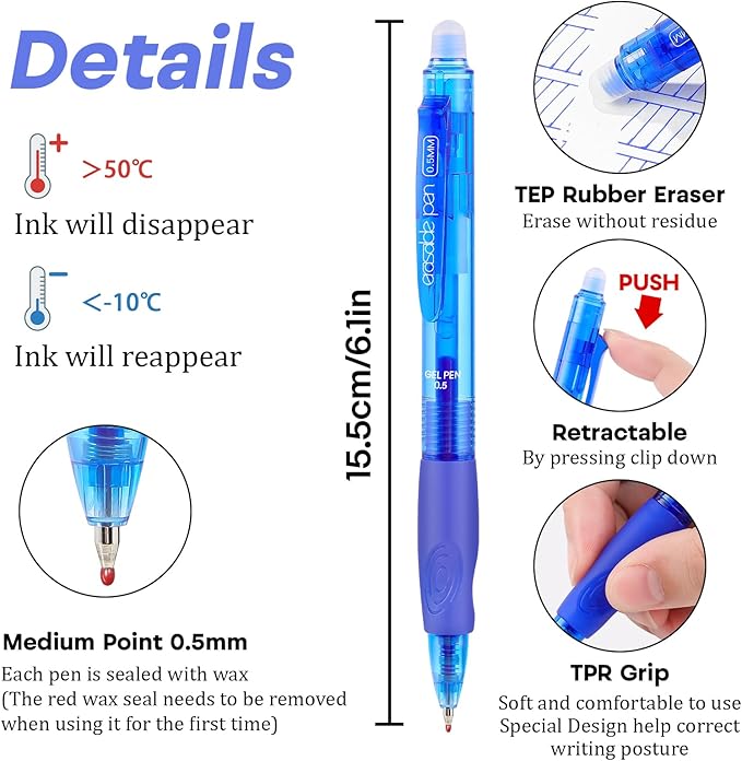 RIANCY 12 Pack Clicker Erasable Gel Pens, Fine Point (0.5mm), Blue Ink with Eraser, Make Mistakes Disappear, Soft Grip for Students, Writing, Note Taking, School & Office Supplies