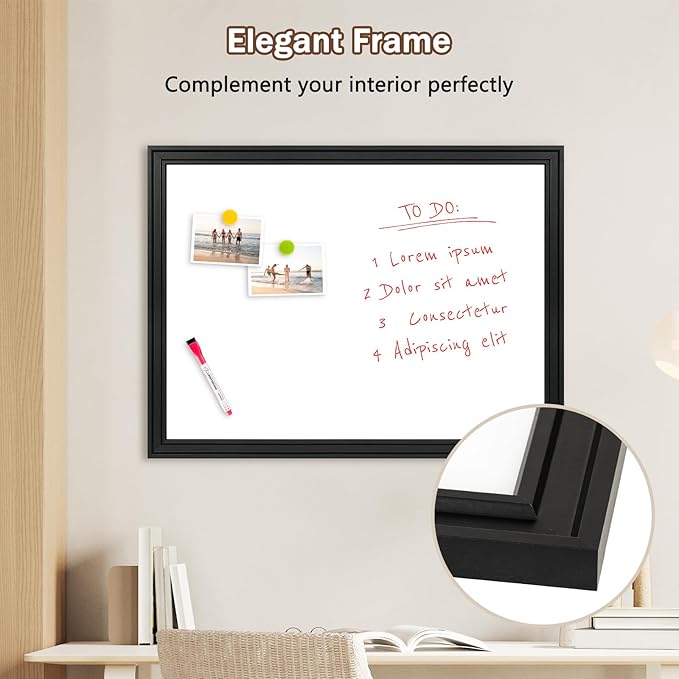 DOLLAR BOSS Magnetic Whiteboard for Wall 24" x 18" Vintage Wood Framed White Board Decorative Dry Erase Board for Home Office Shop Decor Display with 4 Markers, 8 Magnets, 1 Eraser, Black