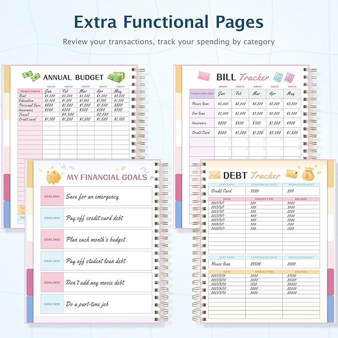 Ospelelf Budget Planner Undated, Money Expense Tracker with Pockets & Stickers, Thick Cardboard Cover, Large Pages for Spacious Writing, Original Fun Colorful Design, 12 Month Financial Notebook, Blue Pool