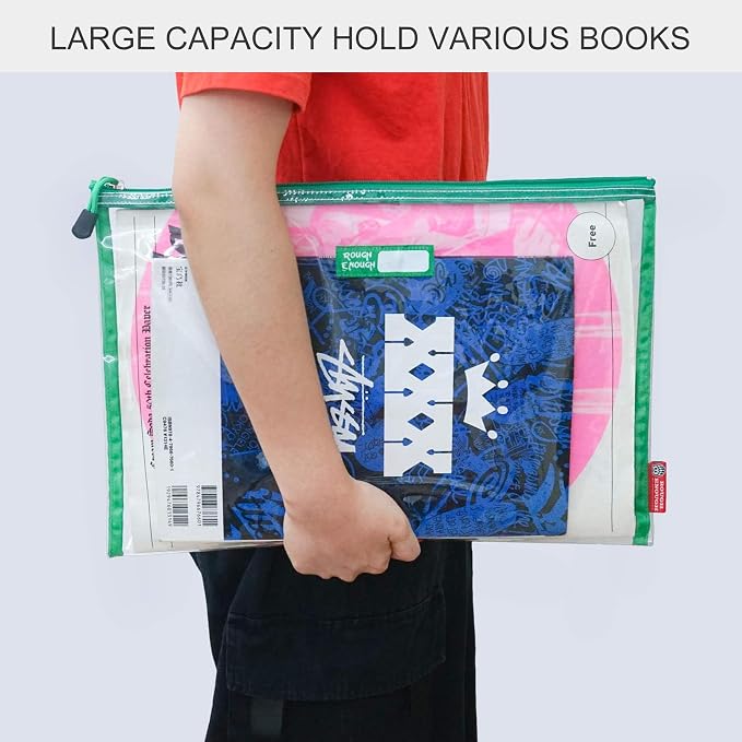 Rough Enough Plastic File Folder Clear Zipper Pouch Bags Document Holder Bag for Organizing A4 Paper Letter Office Teacher Art Supplies Storage